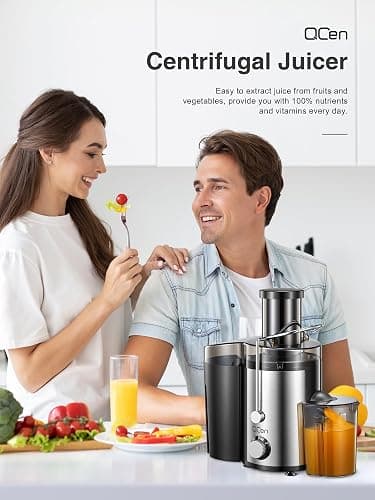Qcen Juicer Machine, 800W Centrifugal Juicer Extractor with Wide Mouth 3” Feed Chute for Fruit Vegetable, Easy to Clean, Stainless Steel, BPA-free (Black) thumbnail 2