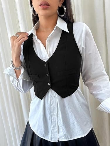 SweatyRocks Women's Solid Button Front Crop Waistcoat V Neck Sleeveless Blazers Vest Tops thumbnail 4
