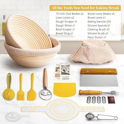 BAVIFY Sourdough Starter Kit, Sourdough Bread Baking Supplies with 2 Pcs 9" Round Banneton Bread Proofing Baskets, Dough Scraper, Dough Whisk, Bread Lame, Silicone Sling, Spatula, Powder Dredger thumbnail 6