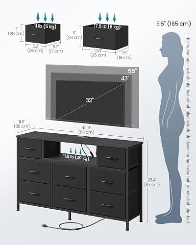 SONGMICS BELLAH Collection - Dresser for Bedroom with Outlets and LED Lights, TV Stand for TVs Up to 55 Inches, Chest of Drawers, 8 Drawers, Steel, Industrial, Modern, Ink Black ULGS433BH02S thumbnail 3