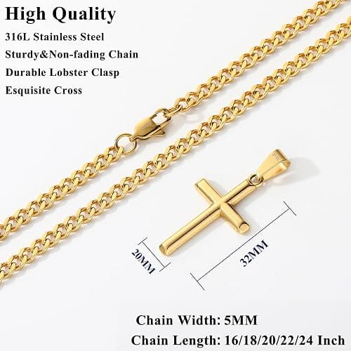 Avotto 316L Stainless Steel Cross Chain Necklace Stocking Stuffers Christmas Gift for Men Boys, Silver Gold Black Mens Boys Necklaces 5mm Non-Fading Sturdy Cuban Chain with Cross Pendant 14-24inch thumbnail 4