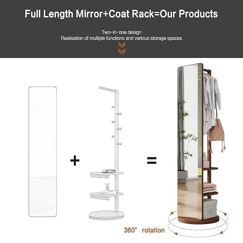 HRVEOCEI Clothes Rack with Full-length Mirror, Swivel Full-Length Mirror & Rotating Mirrors with Storage, Floor Length Mirrors with Hanger and Open Shelves, Space Saver (Walnut, 65.7 * 17.7) thumbnail 3