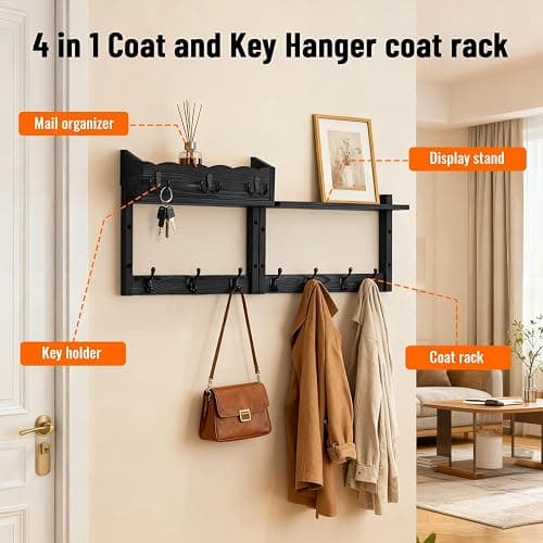 28-Inch Wood Wall Mounted Coat Rack with Shelf, 7 Hooks, 3 Key Holder | All-in-one entryway organizer featuring a top wood shelf, mail holder, 7 sturdy coat hooks, and 3 key hangers for home thumbnail 4