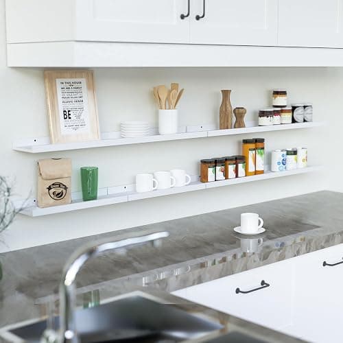 RICHER HOUSE 8 Set Floating Wall Mounted Shelves, Nursery Hanging Book Shelves with Lip for Storage, White Display Picture Ledge Shelf for Bedroom Bathroom Kitchen Living Room Wall Decor, Modern White - White - 8pcs*15.70in thumbnail 4