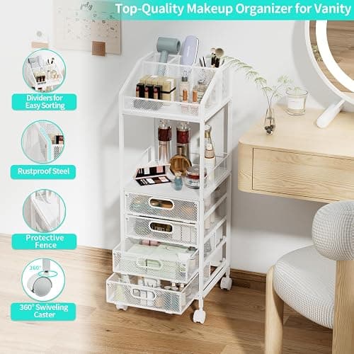 HapiRm Makeup Organizer Storage Cart - Floor Skincare Make Up Storage with 4 Drawers, Rolling Makeup Cart Vanity Organizer Cosmetics Display Cases Holder for Skin Care Perfume Nail Polish thumbnail 7