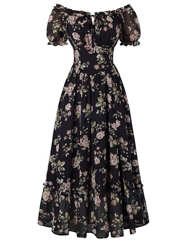 Scarlet Darkness Floral Corset Dress Women Summer Cottagecore Flowy Dress | Puff sleeve, off the shoulder or square neck, slit hem, side pockets; ideal for tea party, wedding, vacation, date - Image 1