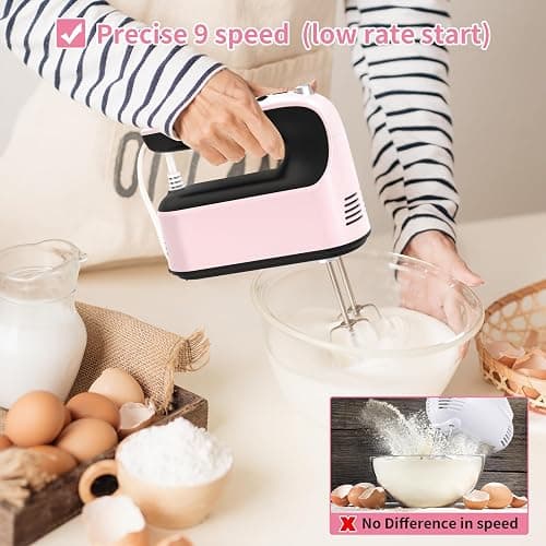 Yomelo 9-Speed Digital Hand Mixer Electric, 400W Powerful DC Motor, Hand Mixer Electric Handheld with Snap-On Storage Case, 5 Stainless Steel Accessories, Beaters, Dough Hooks, Whisk(Pink/Black) thumbnail 4
