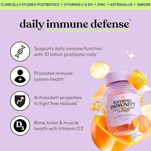 Lemme Immunity Postbiotic Gummies with Vitamin C, Vitamin D (2000 IU), Zinc, 10 Billion Postbiotic Cells, Astragalus for Immune Support - Vegetarian, Gluten Free, Sweet Orange (60 Count) thumbnail 2