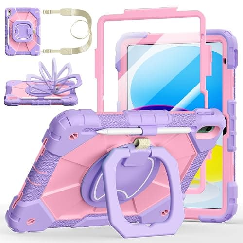 Case for iPad (A16) 11th/10th Generation 11/10.9 Inch 2025/2022, Ubearkk for iPad a16 case with Screen Protector, 360 Degree Rotating Stand Shoulder Strap Pencil Holder, Purple Pink - Image 1