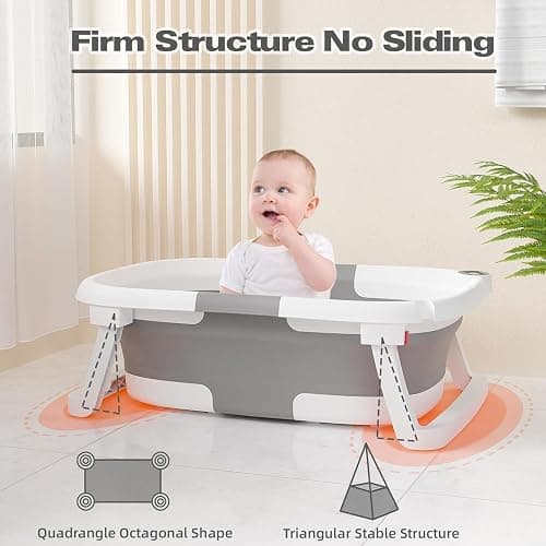 napei Collapsible Baby Bathtub,Baby Bath Tub with Soft Cushion & Thermometer,Baby Bathtub Newborn to Toddler 0-36 Months,Portable Travel Baby Tub - Bath Tub Pro - Gray thumbnail 8