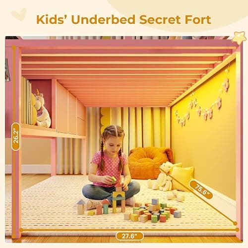 ADORNEVE Low Loft Bed Twin Size with Trundle & LED Lights, Kids Loft Bed with 4 Storage Drawers & Open Cubbies & DIY Pegboard, Twin Loft Bed with Safety Guardrail,Under-Bed Play Zone, Pink thumbnail 8