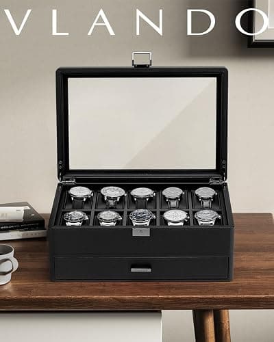 Vlando Watch Box 10 Slots, Lockable Watch Case with Textured Leather, 2 Layer Watch Holder for Rings, Glasses, Mens Jewelry Box with Glass Lid, Removable Divider, Gifts for Father, Husband, Black thumbnail 6