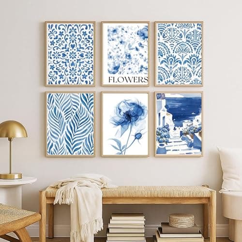 GOMAKERER 6 Pcs Blue Coastal Wall Art Prints, Blue White Wall Art Aesthetic Posters Light Blue Pictures Wall Decor for Bedroom Gallery Home Decoration, (20.5x25.5cm Unframed) - Blue Ceramic Pattern thumbnail 5