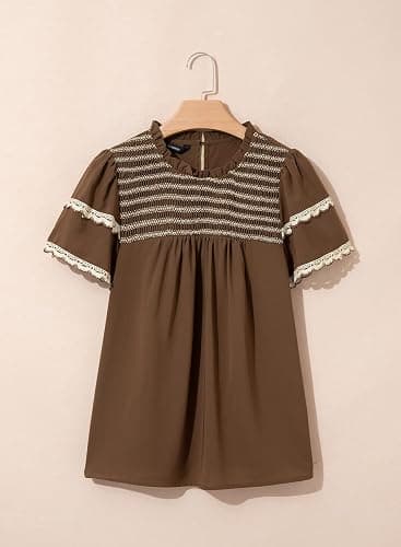 Dokotoo Womens Summer Smocked Tops Crewneck Short Ruffle Sleeve Blouses | Flowy Boho Clothes,Stylish Lace Trim,Summer Outfits,Striped,Casual Layered Sleeve,Babydoll Shirts,Texture,Back Keyhole thumbnail 8