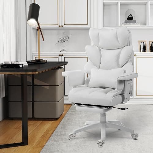 Dowinx Big and Tall Office Chair, High Back PU Leather Computer Gaming Chair with Pocket Spring Cushion, Adjustable Armrests, Lumbar Support, and Footrest –Light White thumbnail 8