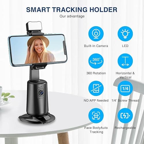 Auto Face Tracking Tripod 360° Rotating Cell Phone Photo and Video Kits Stand, No App, Camera Stand with Remote and Gesture Control, Rechargeable Smart Shooting Stand for Live Recording Tiktok（Black） thumbnail 2