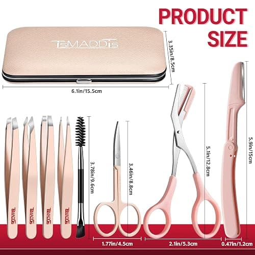 TsMADDTs Tweezers for Women Facial Hair, 8 in 1 Eyebrow Kit with Tweezers, Eyebrow Trimmer Scissors, Razor, Brush with Travel Bag, Hair Plucking Daily Beauty Tools thumbnail 2