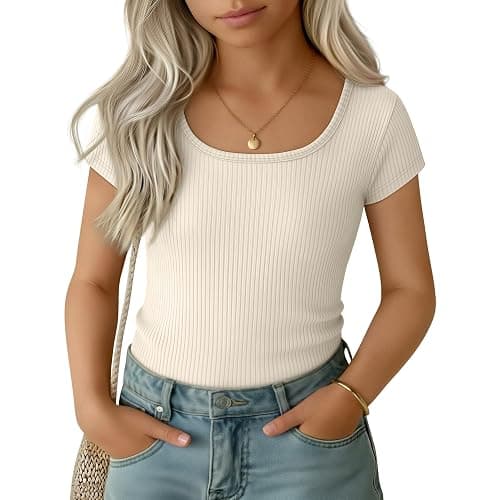 Oakgarden Girls Cap Sleeve T-Shirts Kids Ribbed Knit U-Neck Tops Fitted Short Sleeve Shirts Cute Summer Basic Tees 5-14 Years - Image 1