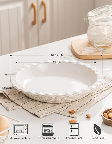 Ceramic Pie Dish for Baking, 9 inch Porcelain Pie Pan, Fluted Pie Plate for Apple, Quiche, Pot Pies, Tart, Modern Farmhouse Bakeware, Glazed White thumbnail 3
