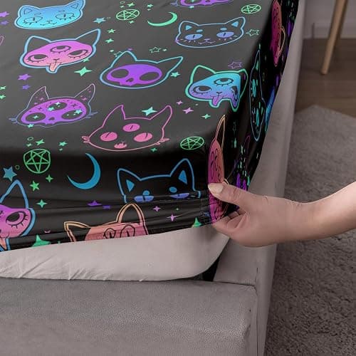 Axolotl Neon Cats Twin Cute Gradient Cat Bed Sheets, Flat & Fitted Sheet 2 Pillow Cases, Black thumbnail 8