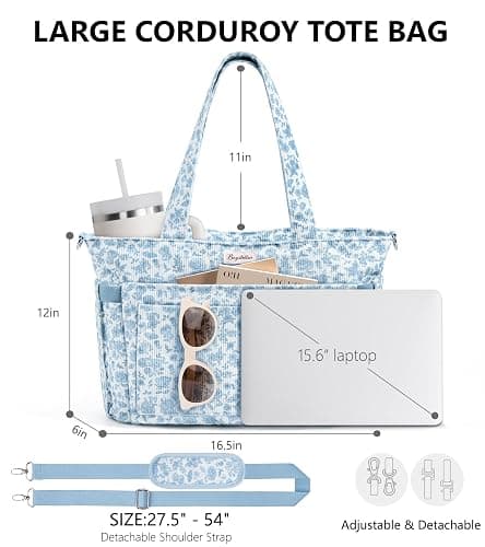 Bagstellar Corduroy Tote Bag for Women, 17 Pockets Laptop Work Tote Purse | Large 15.6” Computer Bag w/ 40oz Cup Holder & Strap, Zipper Teacher Nurse Bible Shoulder Bag for School Travel College Office thumbnail 2