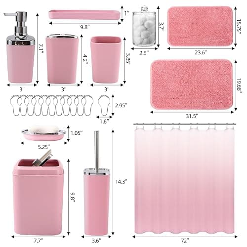 XLHOMO Bathroom Accessory Set–Bathroom Sets with Shower Curtain and Rugs, Non Slip Bathroom Rugs Super Absorbent, Pink Ombre Waterproof Shower Curtain with Hooks, Pink Bathroom Sets Complete for Home thumbnail 3