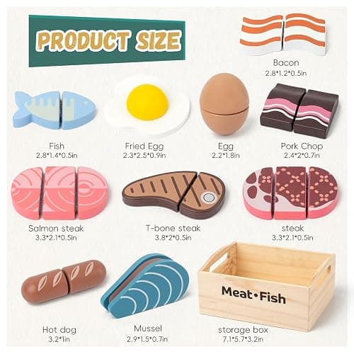 Kienvy 10 PCS Meat & Fish Wooden Play Food Set for Kids Kitchen, Wooden Toy Pretend Play Food Cutting Set, Realistic Protein Play Food Set, Christmas Birthday Present for Toddlers & Kids Ages 3+ thumbnail 3