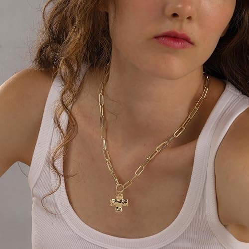 Bheop Chunky Cross Necklace for Women Trendy Gold Silver Layered Statement Cross Pendant Charm Necklace Vintage Paperclip Herringbone Snake Choker Chain Costume Jewelry Set Gift Non Tarnish thumbnail 9