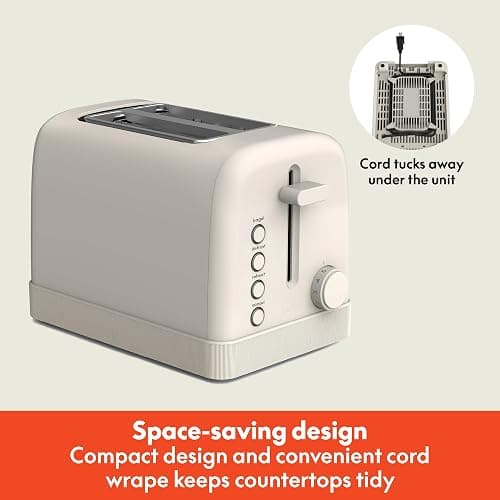 bella 2 Slice Toaster, 6 Setting Shade Control w Reheat, Cancel, Bagel & Defrost Buttons, Removable Crumb Tray, Anti Jam & Auto Shutoff, Auto Centering Guides & Cord Wrap, 900 Watt, Oatmilk thumbnail 4