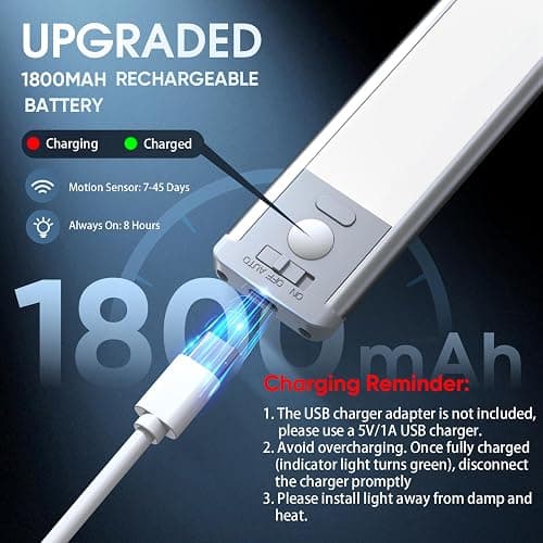 MCGOR 10inch Under Cabinet Lighting, 2 Pack Rechargeable Motion Sensor Light Indoor, 5 Levels Dimmable Magnetic Closet Lights, Wireless Under Counter Lights for Kitchen, Stairs thumbnail 5