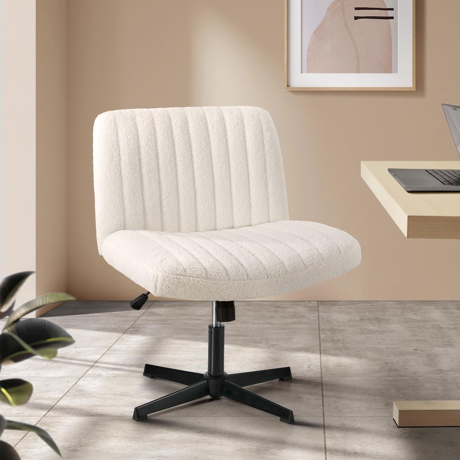 Oikiture Home Office Chair with Sherpa Fabric and Wider Seat White Cross Legged Office Chair - Image 1