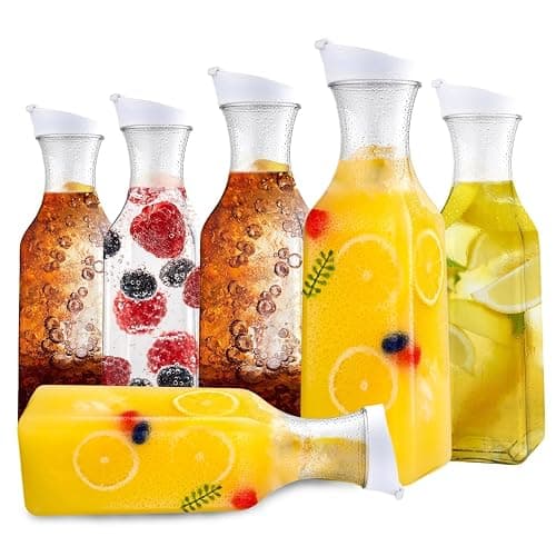 Set of 6 Plastic Carafe with Lid, 50 Oz Carafes for Mimosa Bar Supplies, Square Base Juice Containers, Water Bottle, Milk Container, Clear Beverage Containers for Fridge - Image 1
