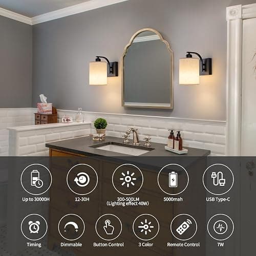 Powfloven Black Rechargeable Battery Operated Wall Sconces Set of 2 with Remote, Wireless Dimmable Battery Powered LED Wall Lights, Cordless Wall Lighting Lamp Fixture for Bedroom Living Room thumbnail 4