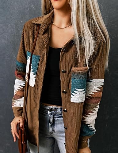 Perbai Womens Corduroy Flannel Shirt Long Sleeve Button Down Aztec Loose Shacket Jacket with Pockets thumbnail 5