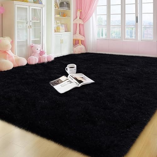 qulint Black Rugs for Living Room, Large Fluffy 6x9 Area Rugs for Bedroom, Soft Shag Shaggy Fuzzy Carpets for Boys and Girls Dorm Room Home Decor (6ft x 9ft, Black) - Image 1