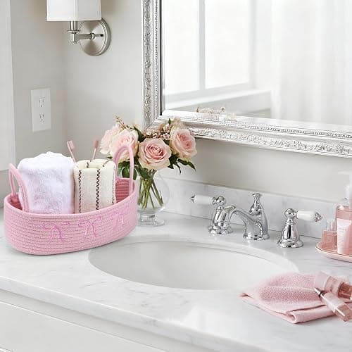 Vesici Pink Bow Woven Storage Basket for Toilet Tank Top Boho Cotton Rope Bathroom Countertop Organizer Basket with Handle Pink Bathroom Decor for Bedroom Nursery Toys Organizing, 13 x 6 x 4 Inch thumbnail 3