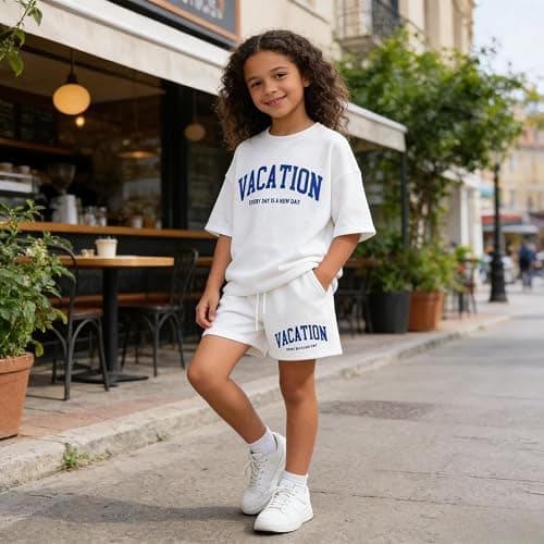 Klyatpxoen Size 6-12 Years Girl's Tracksuit Sets 2 Piece Outfits Letter Print Vacation Tee Top and Drawstring Waist Shorts thumbnail 3