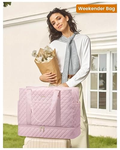 LOVEVOOK Large Travel Duffle Bag for Women, 45L Weekender Bags with Shoe Compartment & Wet Pocket, Quilted Carry On Personal Item Bag, Overnight Hospital Bags for Labor Delivery Pink thumbnail 2
