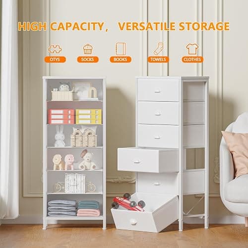 Furnulem White Dresser for Bedroom, 6 Fabric Drawers Chest of Drawers | Tall Skinny Dresser for Closet, Vertical Storage Tower Unit, Tall Nightstand for Dorm, Living Room, Metal Frame, Wooden Top thumbnail 4