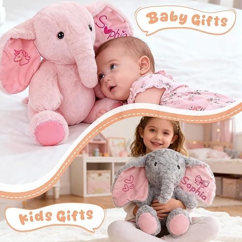 Personalized Elephant Stuffed Animals, Plush Elephant with Embroidered Name & Icon Stuffed Elephants Toys for Babies, Birthday Baby Shower Christmas Boy Girl Newborn Customized Keepsake Plush Gifts thumbnail 3