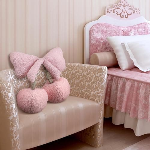 Beeveer Small Bow Cherry Throw Pillow Wool Cute Coquette Room Decor Decorative Throw Pillows Aesthetic Room Decor Bowknot Shaped Plush Cushions for Valentines Day Bedroom Sofa Couch(Pink) thumbnail 6