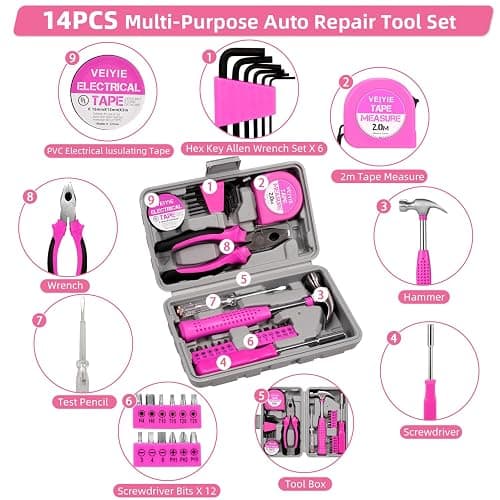 VEIYIE Roadside Emergency Car Kit for Vehicles, Pink Car First Aid Kit Emergency Kit with Jumper Cables, Car Safety Kits, Tow Strap, Tool Kit, Road Trip Assistance for Men, Women, New Driver Gifts thumbnail 3