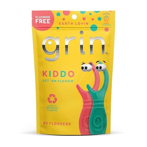 GRIN Kiddo Flossers, Berry Awesome Flavor, Recycled Plastic, Jumbo Grip, Get Your KIDDOS Flossin’ Early, Larger Floss Head, Child Safe! 80 Count, Floss Picks, Dental Flossers - Image 1