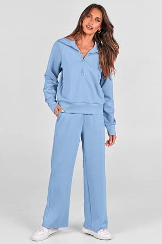 PRETTYGARDEN Women's 2 Piece Outfits Casual Lapel Half Zip Sweatshirts And Wide Leg Pants Tracksuit Sets thumbnail 5