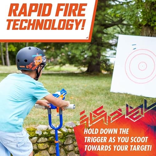 NERF Kick Scooter for Kids, Dual Barrel Blaster Fires Up to 40 Feet, Supports Up to 150lbs, Rear Brake, Sturdy Steel Frame, Wide Surface Textured Molded Deck, Outdoor Activities for Boys/Girls thumbnail 4