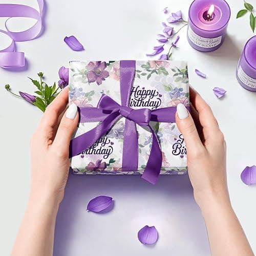 WRAPAHOLIC Birthday Wrapping Paper Roll - Mini Roll - 17 Inch x 16.5 Feet - Happy Birthday with Purple Flower Wrapping Paper for Girls Women, Baby Shower, Wedding thumbnail 5