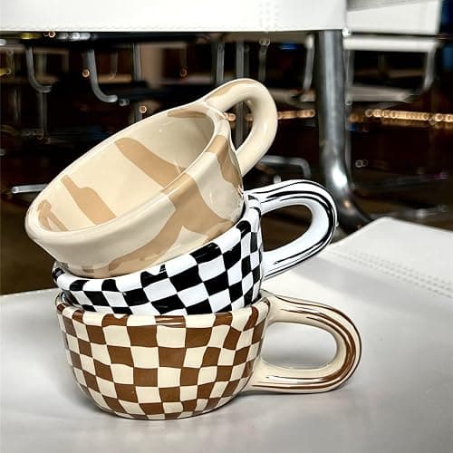Miaexaugsh Irregular checkerboard coffee mug gift ceramic mug,Pottery,Tea Cup for Office and Home (Brown) thumbnail 6