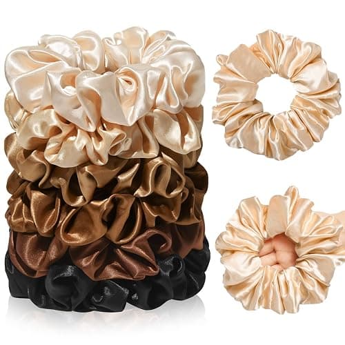 CEELGON Large Silk Satin Scrunchies for Women Big Scrunchies Jumbo Satin Hair Ties Oversized Hair Scrunchies for Thick Curly Hair Pack of 6 (Black,Champagne,Brown,Gold) thumbnail 8