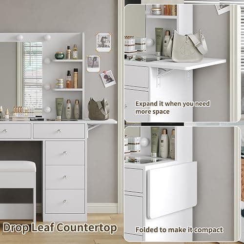 Yanosaku Vanity Desk & Power Outlet, Makeup Vanity with Mirror and 10 LED Lights, 3 Lighting Modes Brightness Adjustable, Makeup Table with 4 Shelves and Fold-up Panel, Vanity Set for Bedroom, White thumbnail 8