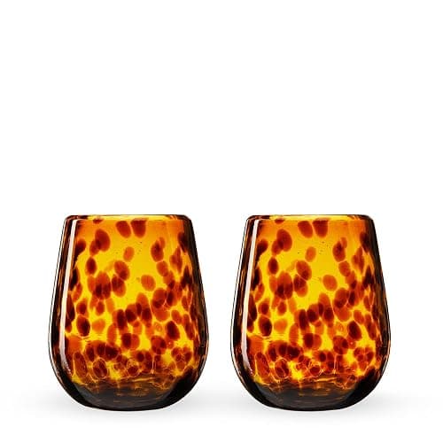 Segunda Vida Tortuga Hand Blown Wine Glasses, Recycled Mexican Glassware with Tortoise Shell Pattern, Stemless Drinking Glasses for Wedding Gifts, Housewarming, Cocktail Party, 13 oz Set of 2 - Image 1
